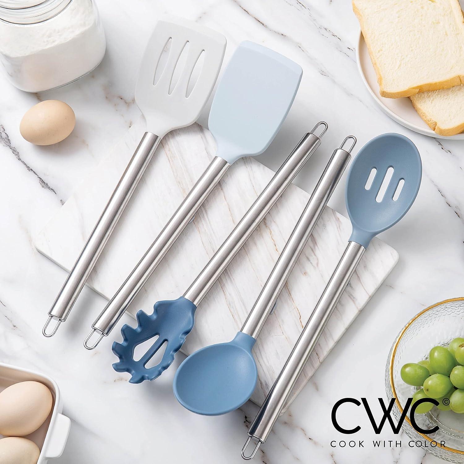 imageCOOK WITH COLOR Silicone Cooking Utensils Kitchen Utensil Set Easy to Clean Silicone Kitchen Utensils Cooking Utensils for Nonstick Cookware Kitchen Gadgets Set 5 Pieces Blue OmbreBlue and White