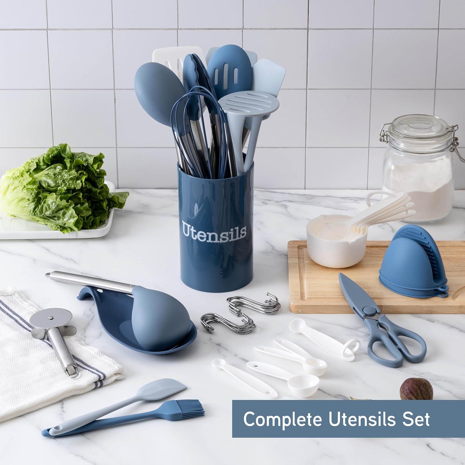 imageCOOK WITH COLOR Silicone Cooking Utensils Kitchen Utensil Set Easy to Clean Silicone Kitchen Utensils Cooking Utensils for Nonstick Cookware Kitchen Gadgets Set 5 Pieces Blue OmbreBlue and White
