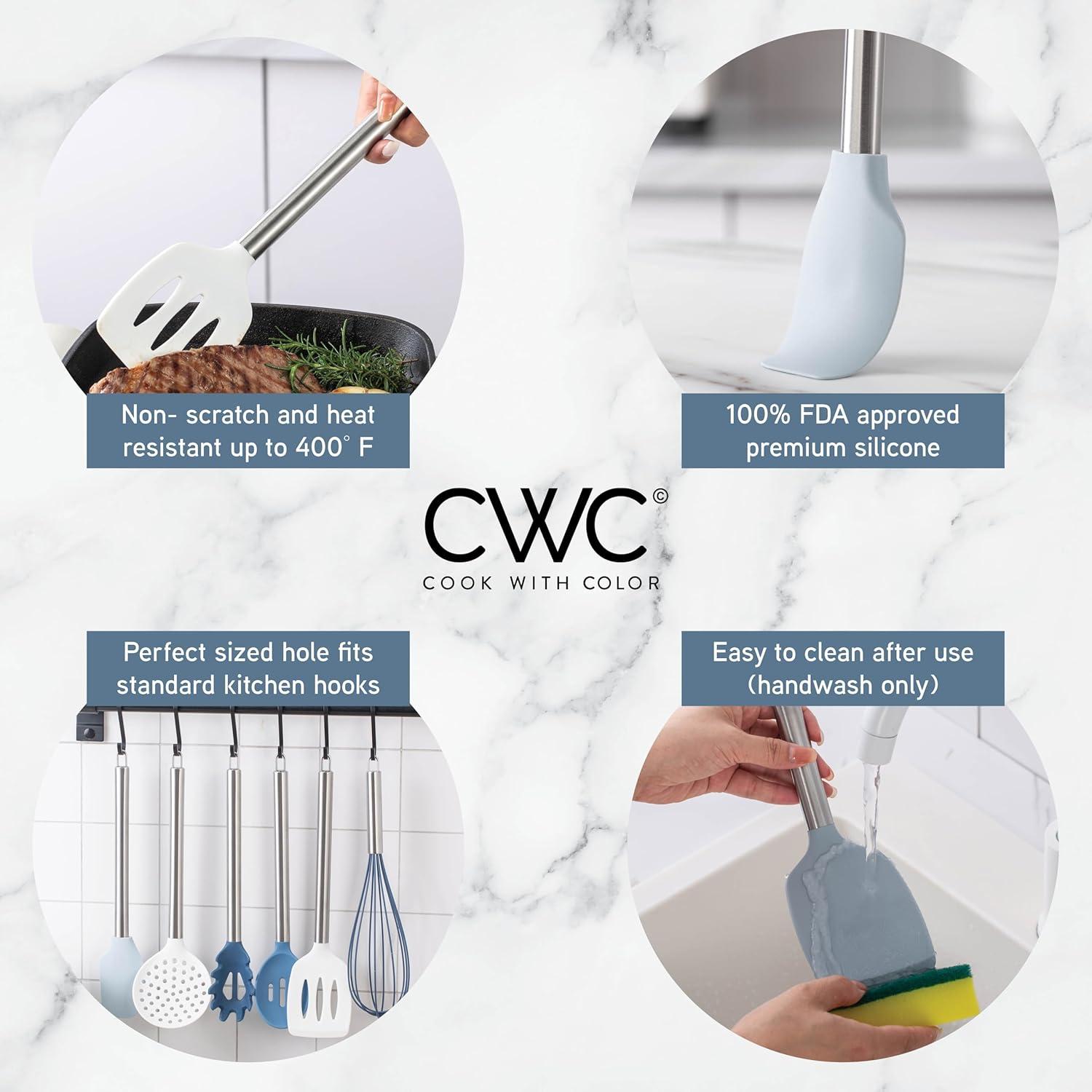 imageCOOK WITH COLOR Silicone Cooking Utensils Kitchen Utensil Set Easy to Clean Silicone Kitchen Utensils Cooking Utensils for Nonstick Cookware Kitchen Gadgets Set 5 Pieces Blue OmbreBlue and White