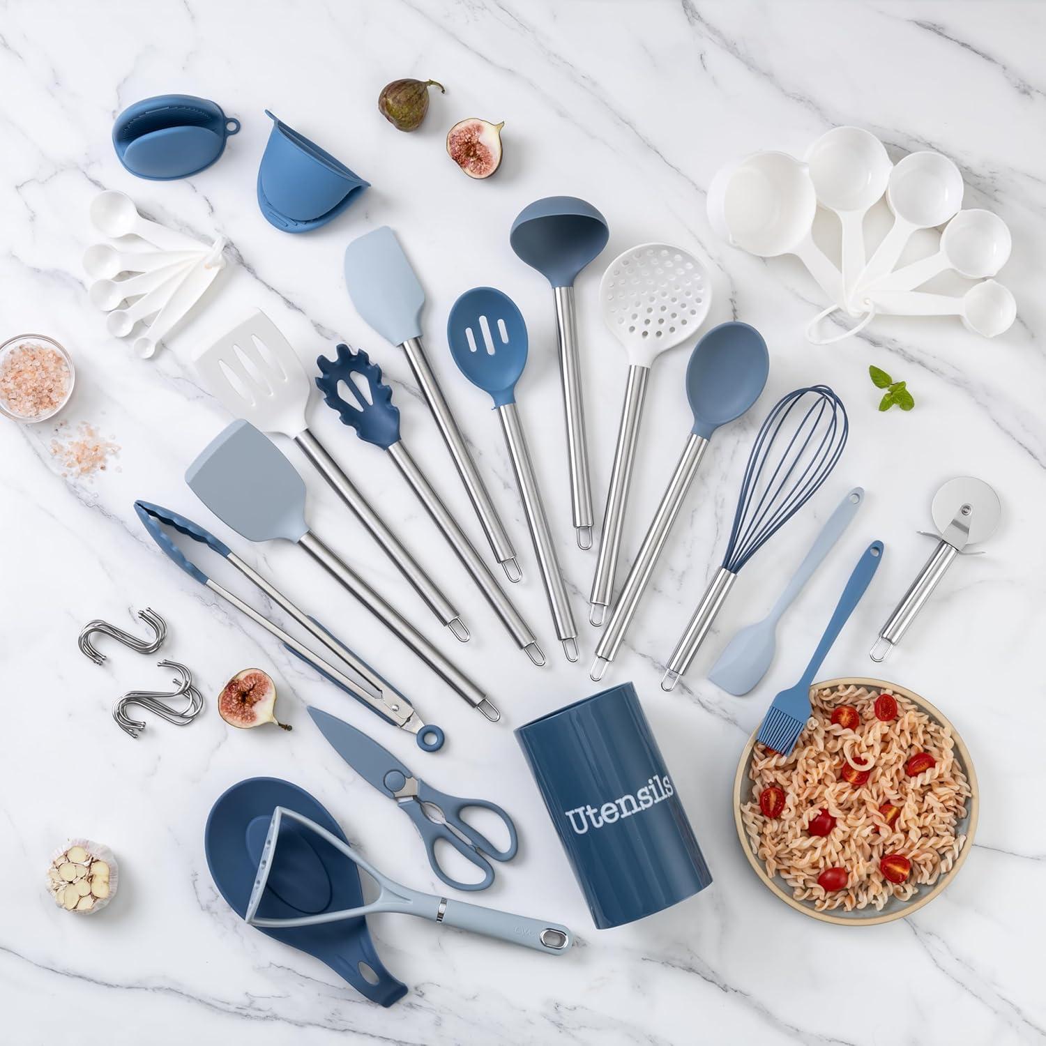imageCOOK WITH COLOR Silicone Cooking Utensils Kitchen Utensil Set Easy to Clean Silicone Kitchen Utensils Cooking Utensils for Nonstick Cookware Kitchen Gadgets Set 5 Pieces Blue OmbreBlue and White