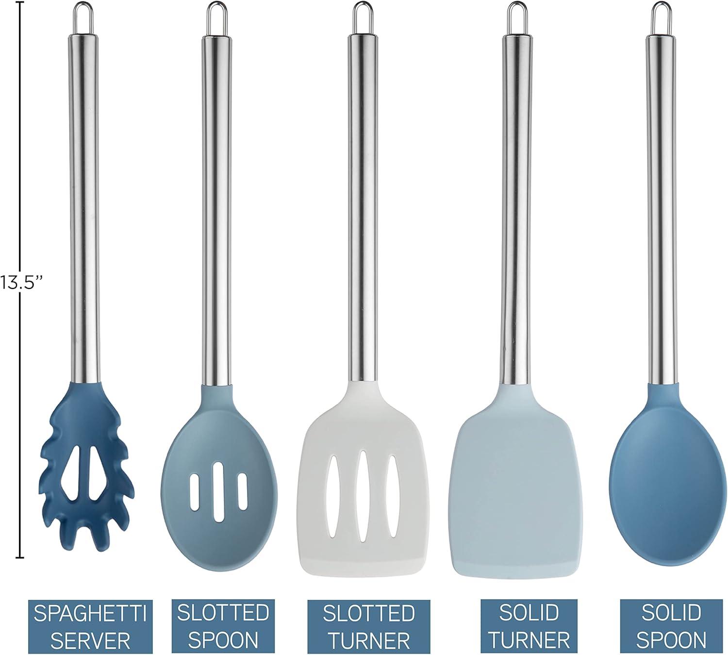 imageCOOK WITH COLOR Silicone Cooking Utensils Kitchen Utensil Set Easy to Clean Silicone Kitchen Utensils Cooking Utensils for Nonstick Cookware Kitchen Gadgets Set 5 Pieces Blue OmbreBlue and White