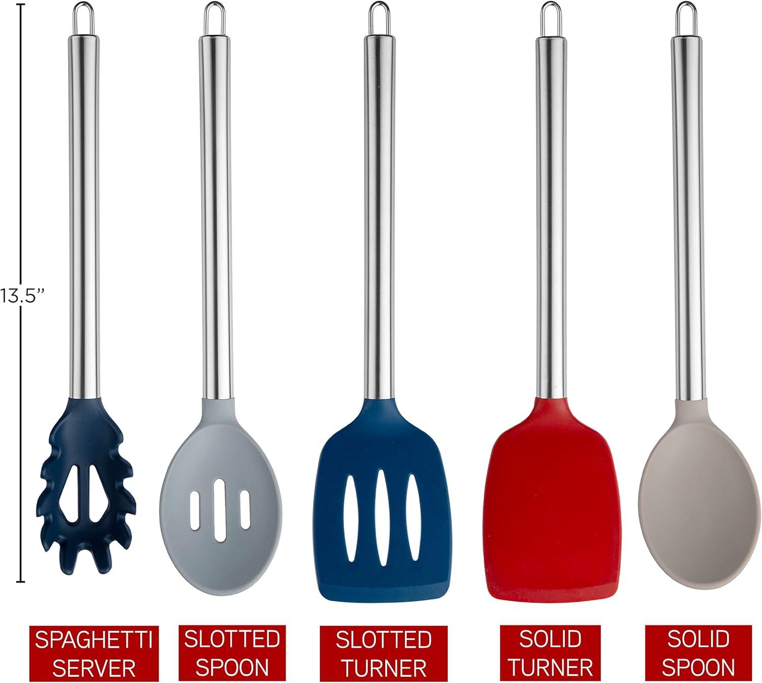 imageCOOK WITH COLOR Silicone Cooking Utensils Kitchen Utensil Set Easy to Clean Silicone Kitchen Utensils Cooking Utensils for Nonstick Cookware Kitchen Gadgets Set 5 Pieces Blue OmbreRed
