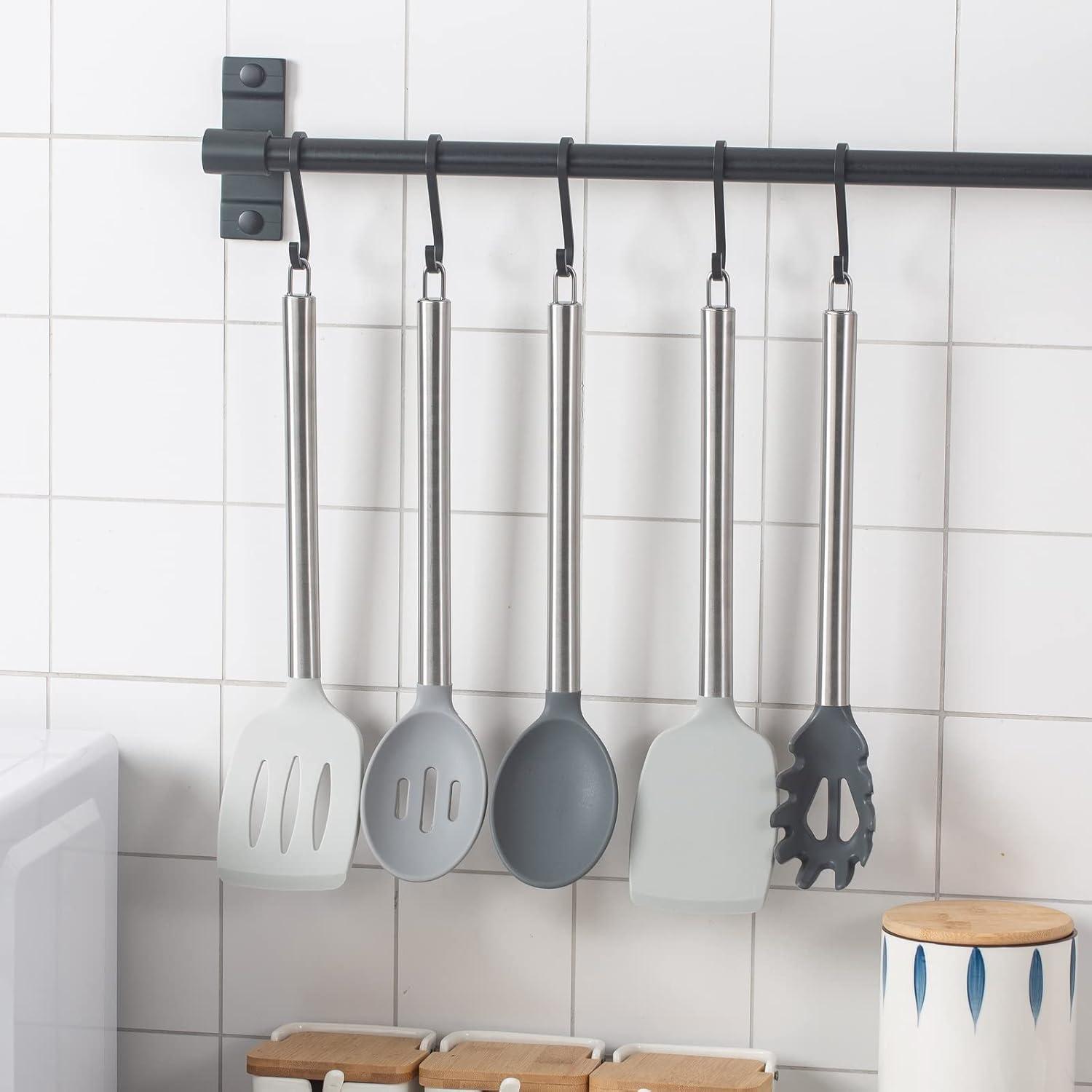 imageCOOK WITH COLOR Silicone Cooking Utensils Kitchen Utensil Set Easy to Clean Silicone Kitchen Utensils Cooking Utensils for Nonstick Cookware Kitchen Gadgets Set 5 Pieces Blue OmbreGray