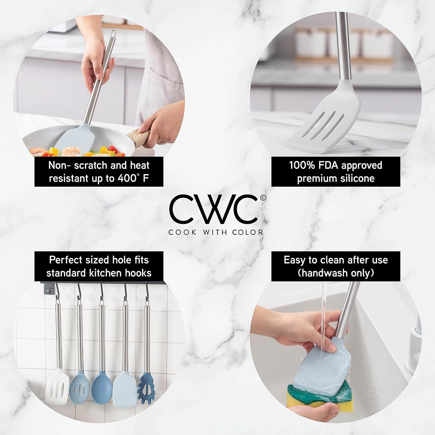 imageCOOK WITH COLOR Silicone Cooking Utensils Kitchen Utensil Set Easy to Clean Silicone Kitchen Utensils Cooking Utensils for Nonstick Cookware Kitchen Gadgets Set 5 Pieces Blue OmbreBlue and White