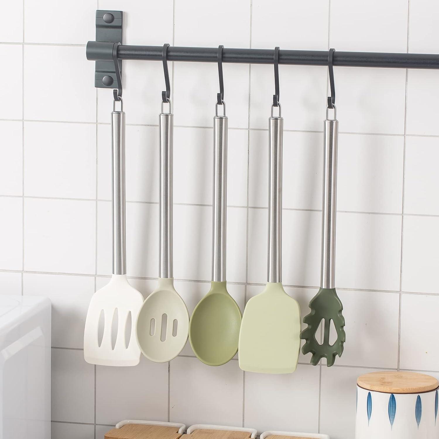 imageCOOK WITH COLOR Silicone Cooking Utensils Kitchen Utensil Set Easy to Clean Silicone Kitchen Utensils Cooking Utensils for Nonstick Cookware Kitchen Gadgets Set 5 Pieces Blue OmbreGreen Ombre