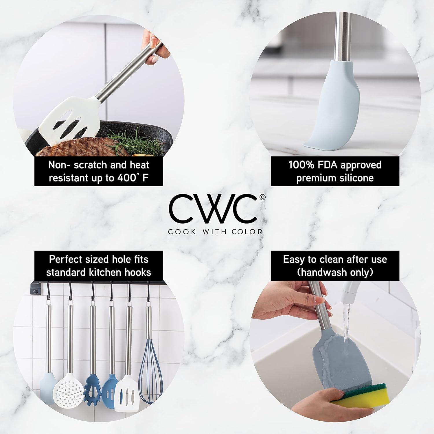 imageCOOK WITH COLOR Silicone Cooking Utensils Kitchen Utensil Set Easy to Clean Silicone Kitchen Utensils Cooking Utensils for Nonstick Cookware Kitchen Gadgets Set 5 Pieces Blue OmbreBlue and White