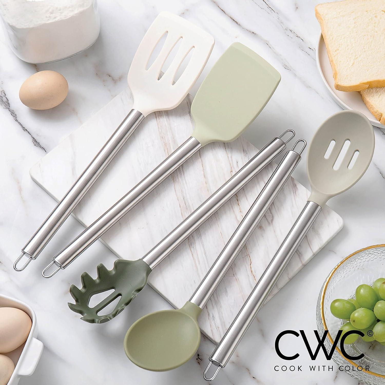 imageCOOK WITH COLOR Silicone Cooking Utensils Kitchen Utensil Set Easy to Clean Silicone Kitchen Utensils Cooking Utensils for Nonstick Cookware Kitchen Gadgets Set 5 Pieces Blue OmbreGreen Ombre