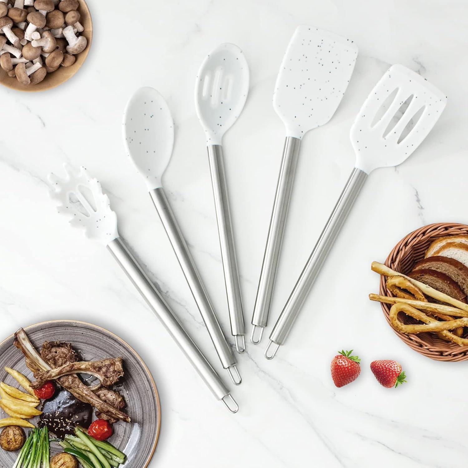 imageCOOK WITH COLOR Silicone Cooking Utensils Kitchen Utensil Set Easy to Clean Silicone Kitchen Utensils Cooking Utensils for Nonstick Cookware Kitchen Gadgets Set 5 Pieces Blue OmbreSpeckled White