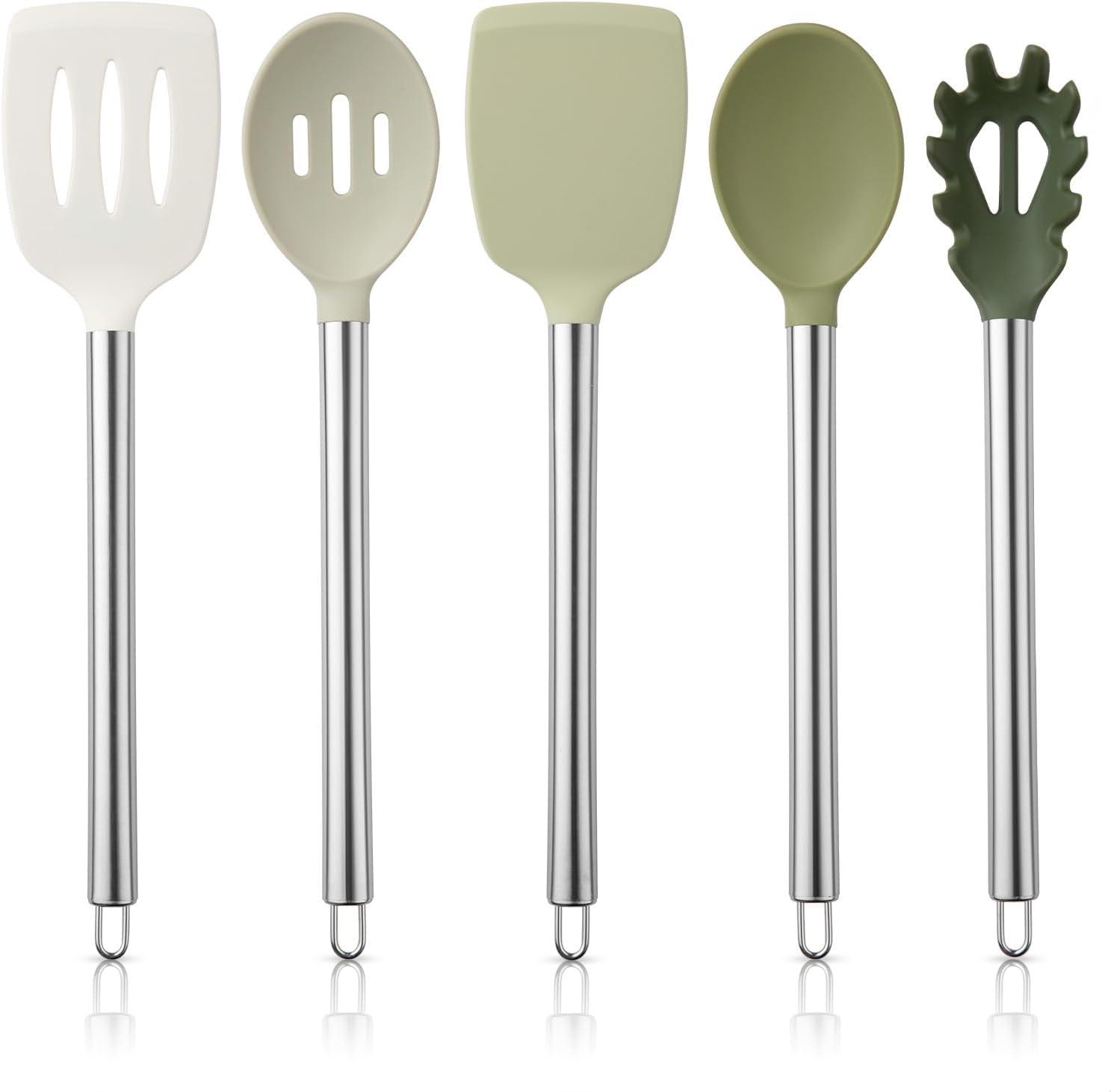 imageCOOK WITH COLOR Silicone Cooking Utensils Kitchen Utensil Set Easy to Clean Silicone Kitchen Utensils Cooking Utensils for Nonstick Cookware Kitchen Gadgets Set 5 Pieces Blue OmbreGreen Ombre