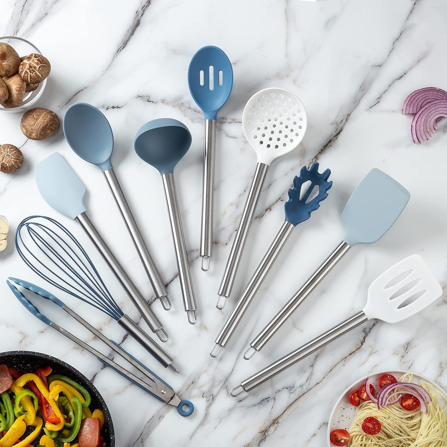 imageCOOK WITH COLOR Silicone Cooking Utensils Kitchen Utensil Set Easy to Clean Silicone Kitchen Utensils Cooking Utensils for Nonstick Cookware Kitchen Gadgets Set 5 Pieces Blue OmbreBlue and White