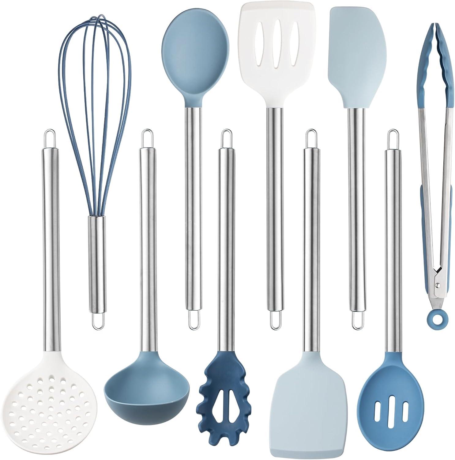 imageCOOK WITH COLOR Silicone Cooking Utensils Kitchen Utensil Set Easy to Clean Silicone Kitchen Utensils Cooking Utensils for Nonstick Cookware Kitchen Gadgets Set 5 Pieces Blue OmbreBlue and White