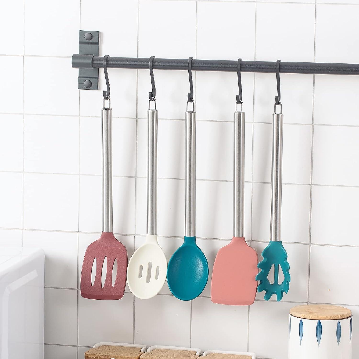 imageCOOK WITH COLOR Silicone Cooking Utensils Kitchen Utensil Set Easy to Clean Silicone Kitchen Utensils Cooking Utensils for Nonstick Cookware Kitchen Gadgets Set 5 Pieces Blue OmbreMulticolor