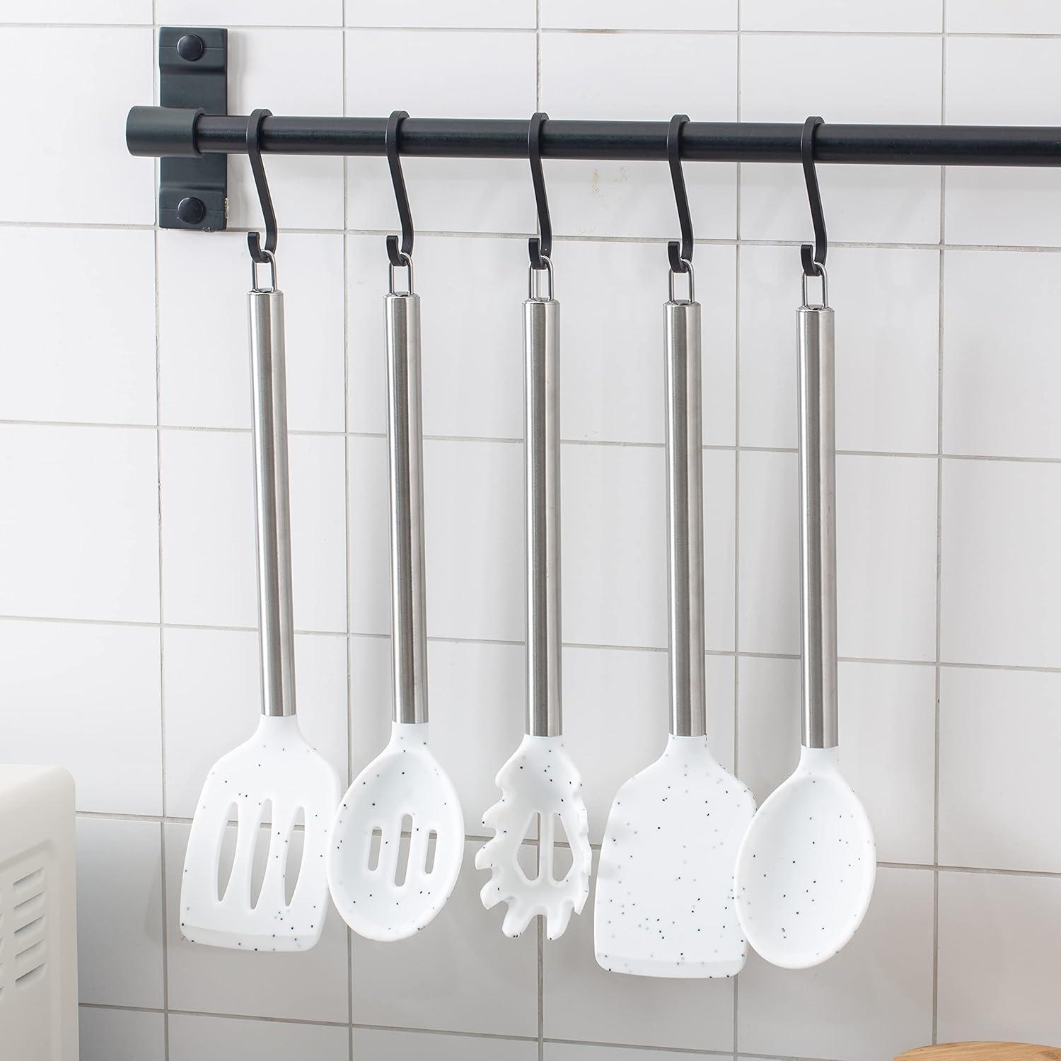 imageCOOK WITH COLOR Silicone Cooking Utensils Kitchen Utensil Set Easy to Clean Silicone Kitchen Utensils Cooking Utensils for Nonstick Cookware Kitchen Gadgets Set 5 Pieces Blue OmbreSpeckled White