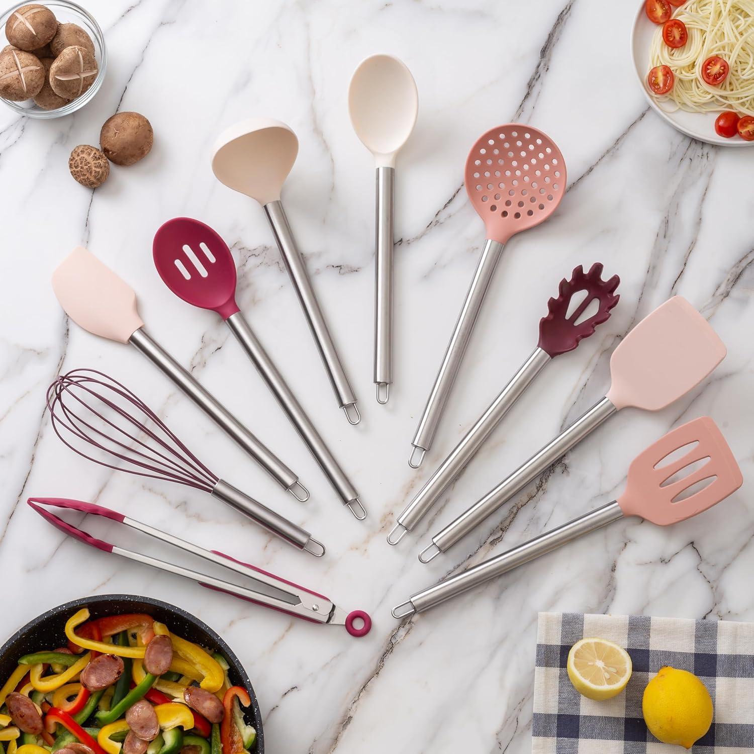 imageCOOK WITH COLOR Silicone Cooking Utensils Kitchen Utensil Set Easy to Clean Silicone Kitchen Utensils Cooking Utensils for Nonstick Cookware Kitchen Gadgets Set 5 Pieces Blue OmbreRose