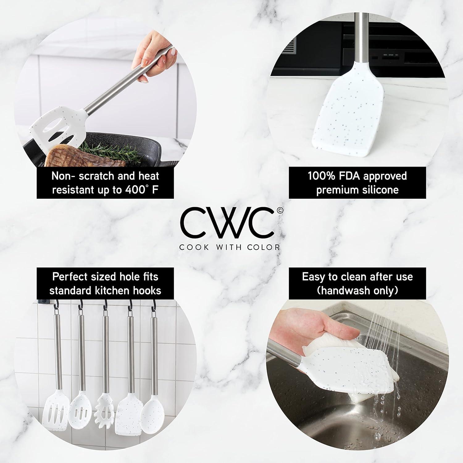 imageCOOK WITH COLOR Silicone Cooking Utensils Kitchen Utensil Set Easy to Clean Silicone Kitchen Utensils Cooking Utensils for Nonstick Cookware Kitchen Gadgets Set 5 Pieces Blue OmbreSpeckled White