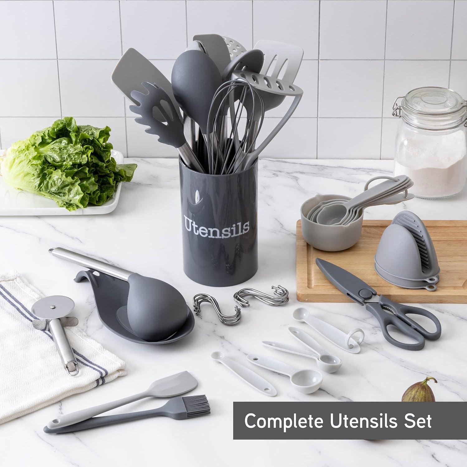 imageCOOK WITH COLOR Silicone Cooking Utensils Kitchen Utensil Set Easy to Clean Silicone Kitchen Utensils Cooking Utensils for Nonstick Cookware Kitchen Gadgets Set 5 Pieces Blue OmbreGray