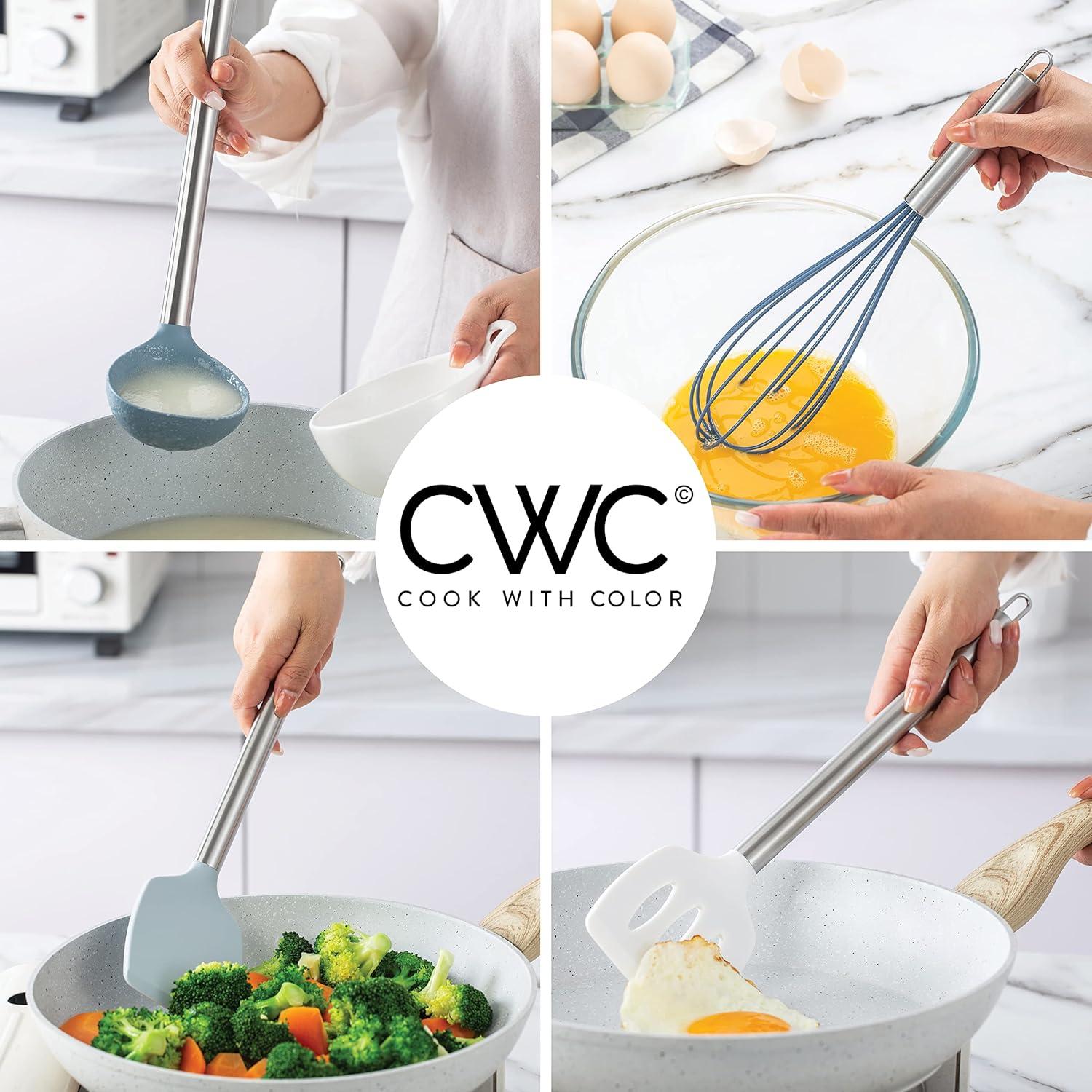 imageCOOK WITH COLOR Silicone Cooking Utensils Kitchen Utensil Set Easy to Clean Silicone Kitchen Utensils Cooking Utensils for Nonstick Cookware Kitchen Gadgets Set 5 Pieces Blue OmbreBlue and White