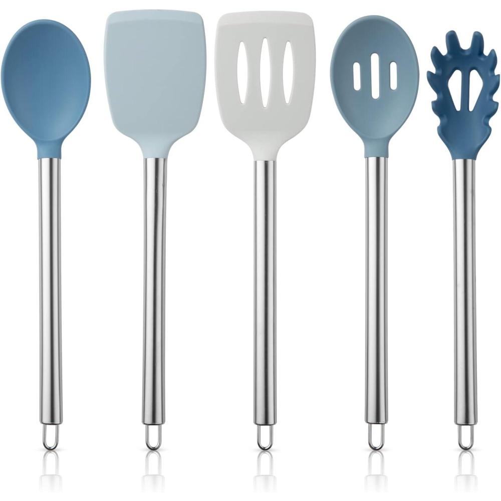 imageCOOK WITH COLOR Silicone Cooking Utensils Kitchen Utensil Set Easy to Clean Silicone Kitchen Utensils Cooking Utensils for Nonstick Cookware Kitchen Gadgets Set 5 Pieces Blue OmbreBlue and White