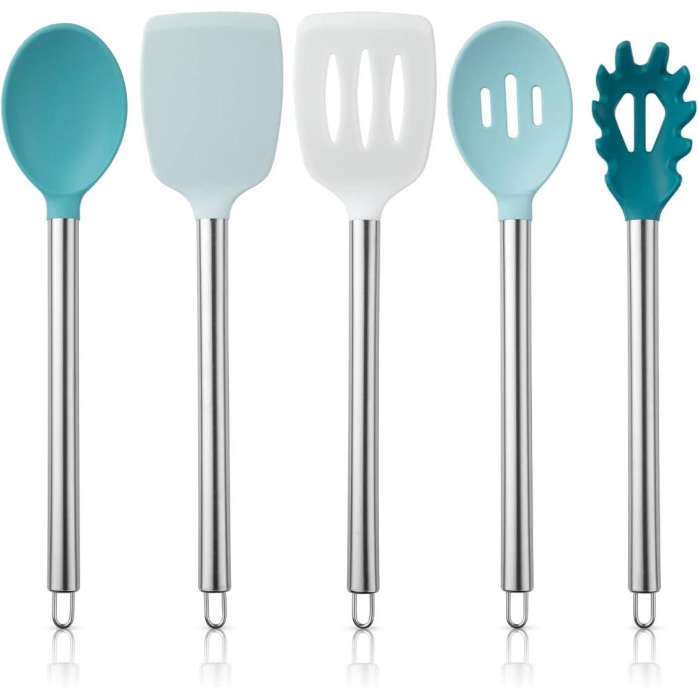 imageCOOK WITH COLOR Silicone Cooking Utensils Kitchen Utensil Set Easy to Clean Silicone Kitchen Utensils Cooking Utensils for Nonstick Cookware Kitchen Gadgets Set 5 Pieces Blue OmbreTeal