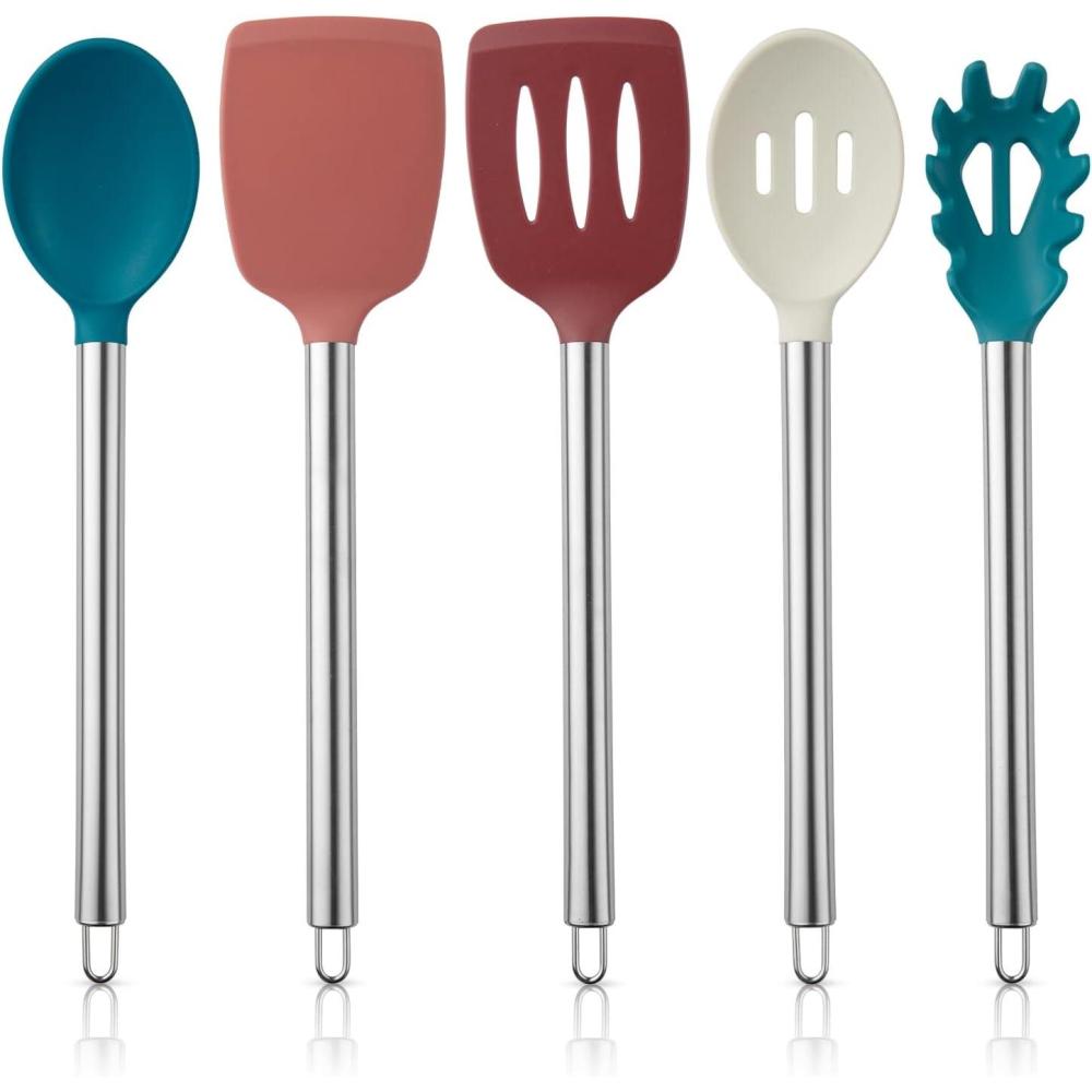 imageCOOK WITH COLOR Silicone Cooking Utensils Kitchen Utensil Set Easy to Clean Silicone Kitchen Utensils Cooking Utensils for Nonstick Cookware Kitchen Gadgets Set 5 Pieces Blue OmbreMulticolor