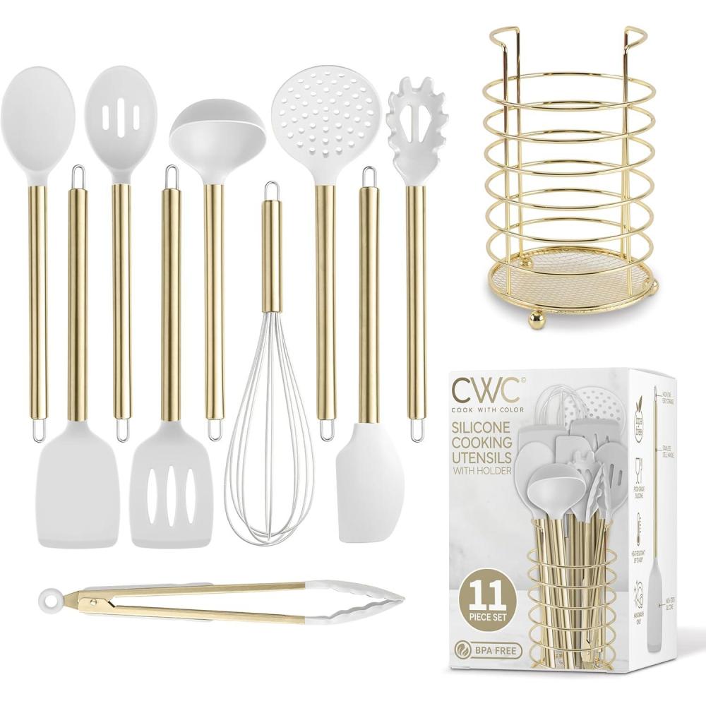 imageCOOK WITH COLOR Silicone Cooking Utensils Kitchen Utensil Set Easy to Clean Silicone Kitchen Utensils Cooking Utensils for Nonstick Cookware Kitchen Gadgets Set 5 Pieces Blue OmbreWhite