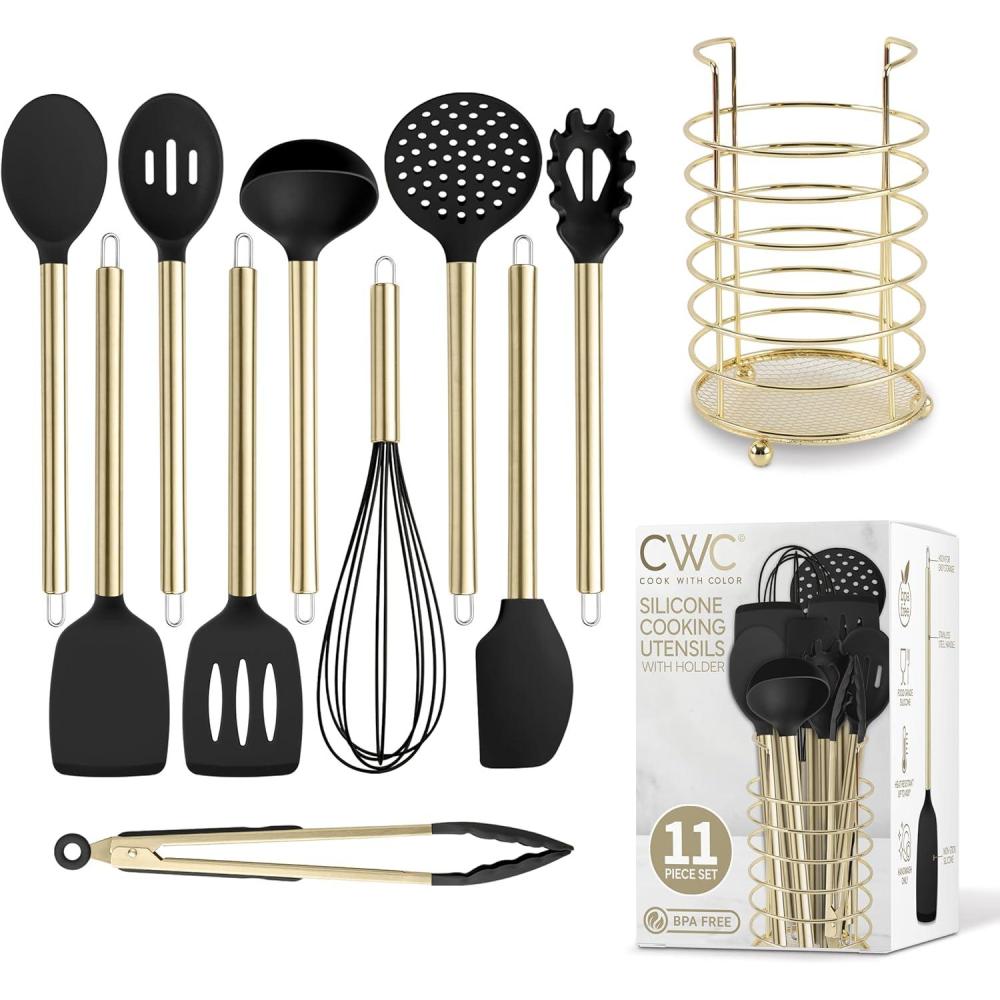 imageCOOK WITH COLOR Silicone Cooking Utensils Kitchen Utensil Set Easy to Clean Silicone Kitchen Utensils Cooking Utensils for Nonstick Cookware Kitchen Gadgets Set 5 Pieces Blue OmbreBlack