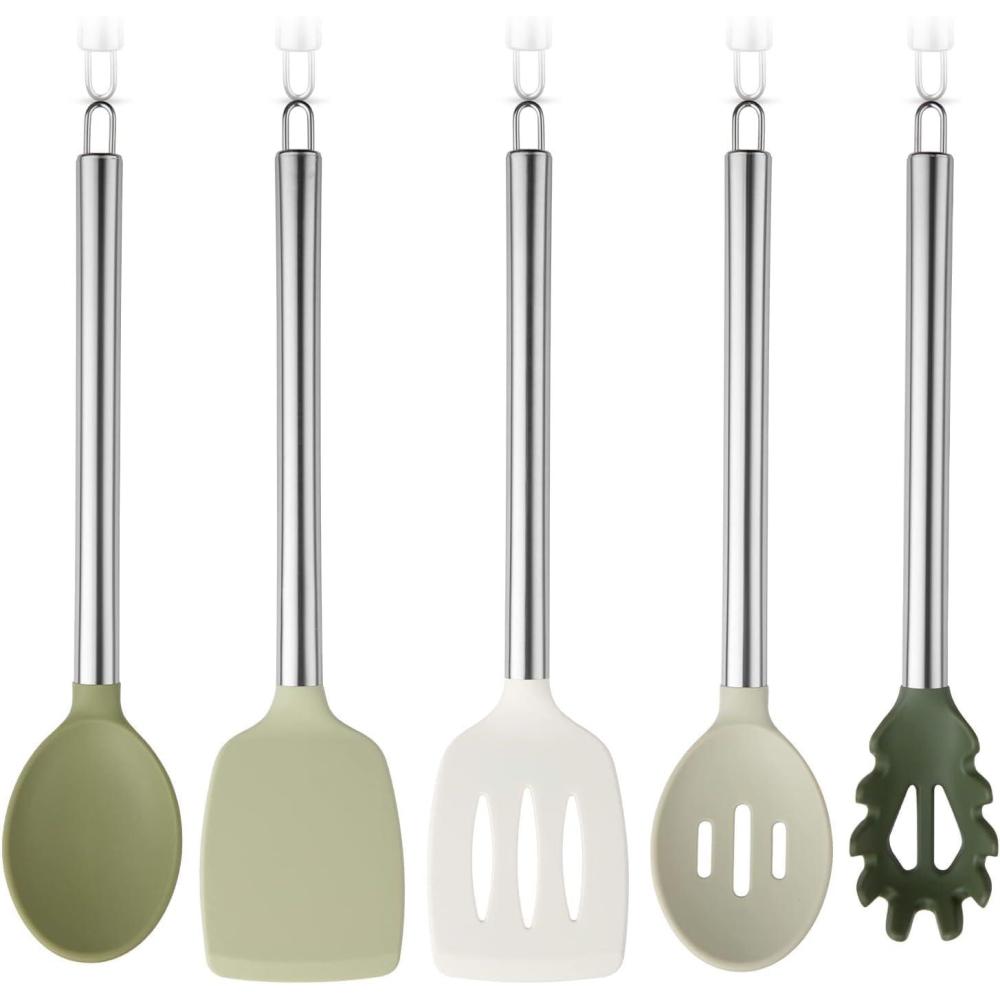 imageCOOK WITH COLOR Silicone Cooking Utensils Kitchen Utensil Set Easy to Clean Silicone Kitchen Utensils Cooking Utensils for Nonstick Cookware Kitchen Gadgets Set 5 Pieces Blue OmbreGreen Ombre