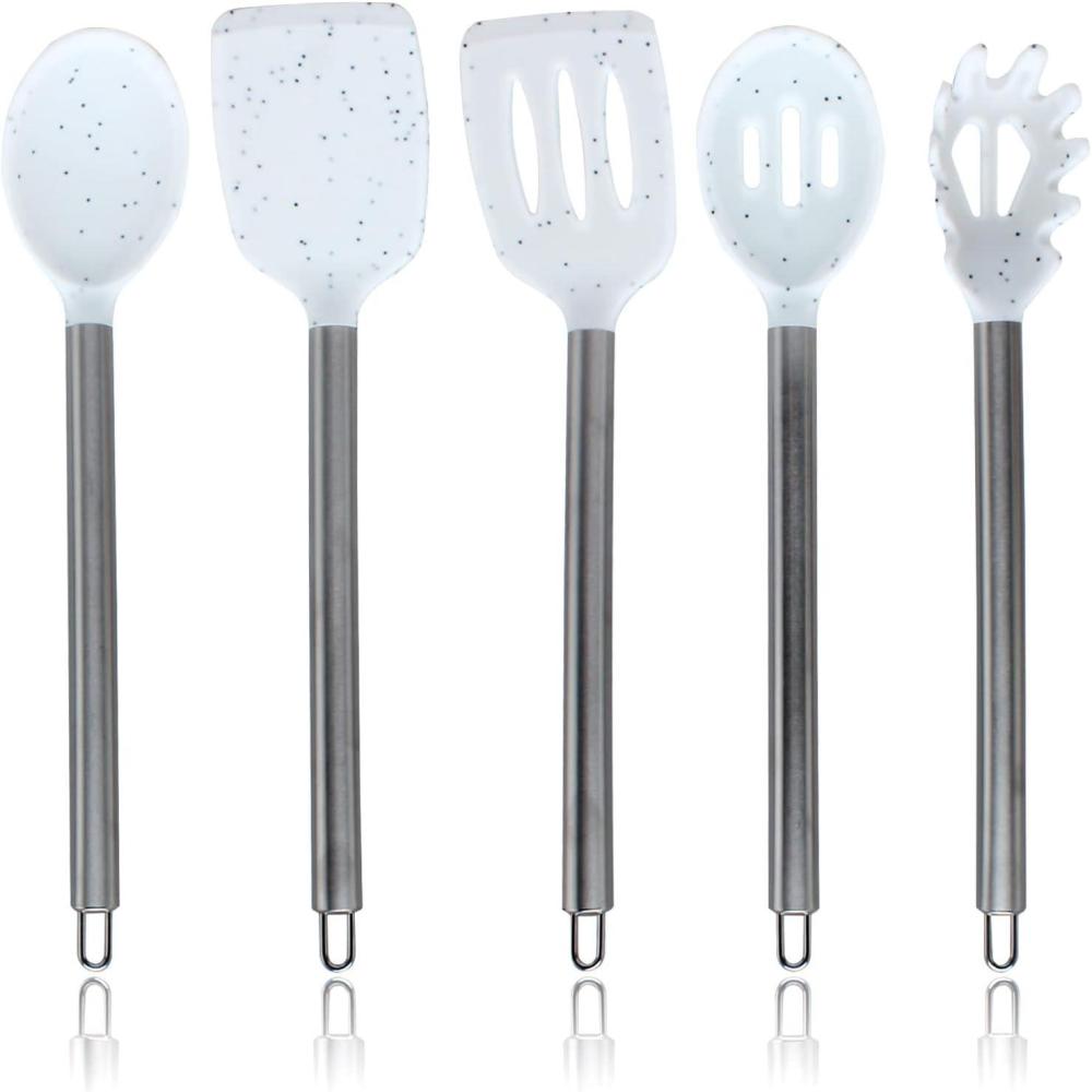 imageCOOK WITH COLOR Silicone Cooking Utensils Kitchen Utensil Set Easy to Clean Silicone Kitchen Utensils Cooking Utensils for Nonstick Cookware Kitchen Gadgets Set 5 Pieces Blue OmbreSpeckled White