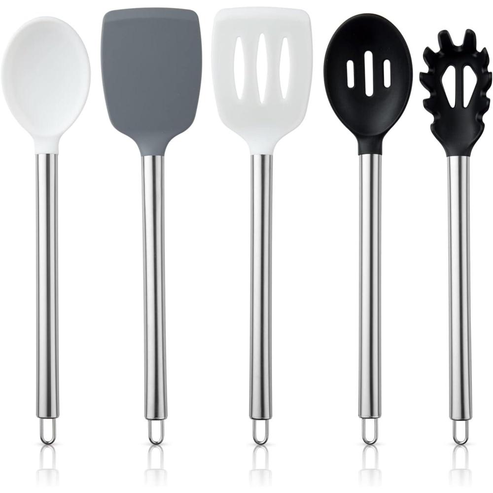 imageCOOK WITH COLOR Silicone Cooking Utensils Kitchen Utensil Set Easy to Clean Silicone Kitchen Utensils Cooking Utensils for Nonstick Cookware Kitchen Gadgets Set 5 Pieces Blue OmbreBlackWhite