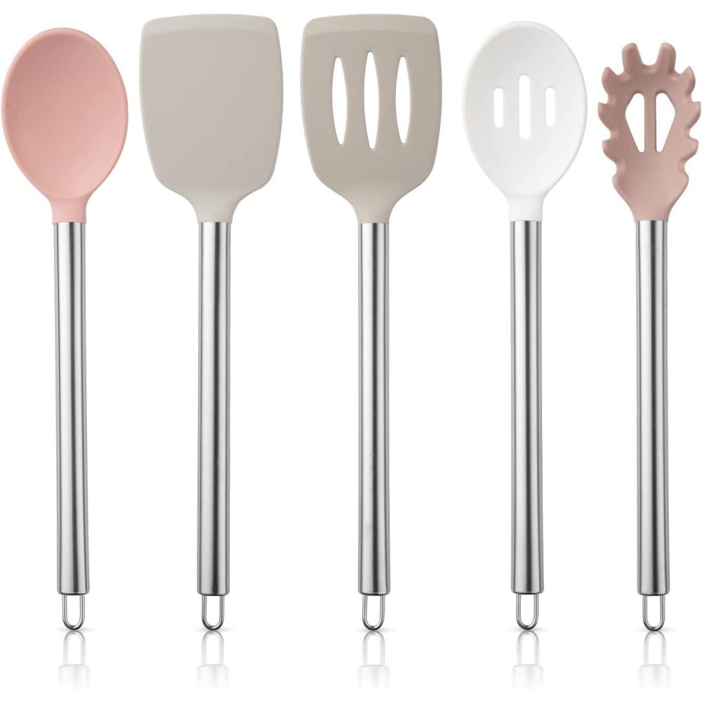 imageCOOK WITH COLOR Silicone Cooking Utensils Kitchen Utensil Set Easy to Clean Silicone Kitchen Utensils Cooking Utensils for Nonstick Cookware Kitchen Gadgets Set 5 Pieces Blue OmbrePink