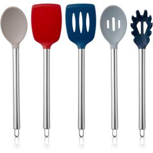 COOK WITH COLOR Silicone Cooking Utensils, Kitchen Utensil Set, Easy to Clean Silicone Kitchen Utensils, Cooking Utensils for Nonstick Cookware, Kitchen Gadgets Set, 5 Pieces, Blue Ombre(Red)