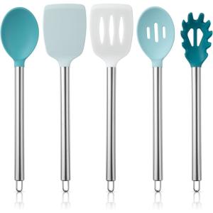 COOK WITH COLOR Silicone Cooking Utensils, Kitchen Utensil Set, Easy to Clean Silicone Kitchen Utensils, Cooking Utensils for Nonstick Cookware, Kitchen Gadgets Set, 5 Pieces, Blue Ombre(Teal)