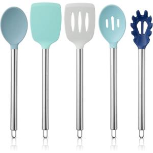 COOK WITH COLOR Silicone Cooking Utensils, Kitchen Utensil Set, Easy to Clean Silicone Kitchen Utensils, Cooking Utensils for Nonstick Cookware, Kitchen Gadgets Set, 5 Pieces, Blue Ombre(Blue Ombre)