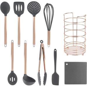 COOK WITH COLOR Silicone Cooking Utensils, Kitchen Utensil Set, Easy to Clean Silicone Kitchen Utensils, Cooking Utensils for Nonstick Cookware, Kitchen Gadgets Set, 5 Pieces, Blue Ombre(Gray With Holder)