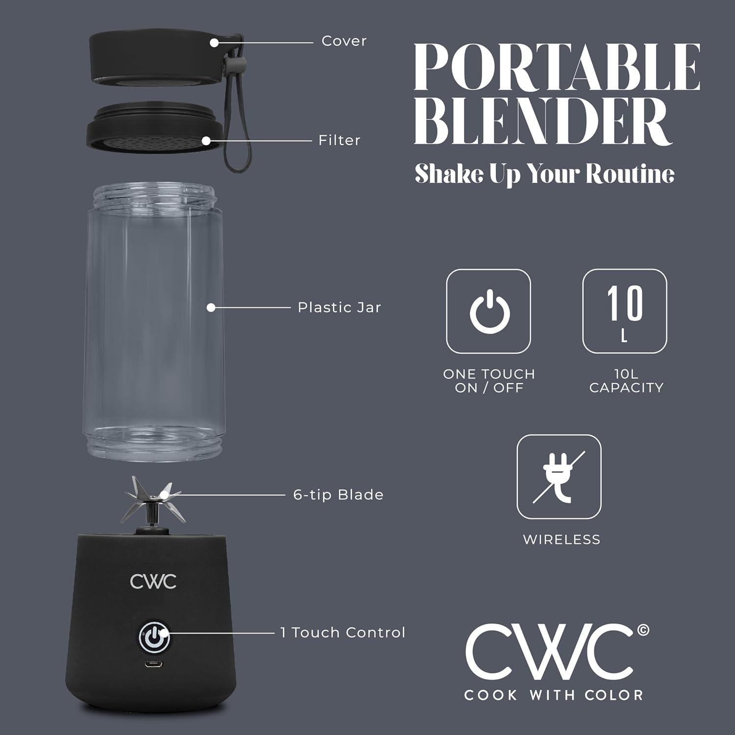 imageCOOK WITH COLOR Mini Portable Blender  250W Power 12oz Capacity Stainless Steel Blade WirelessUSB Rechargeable BlushBlack