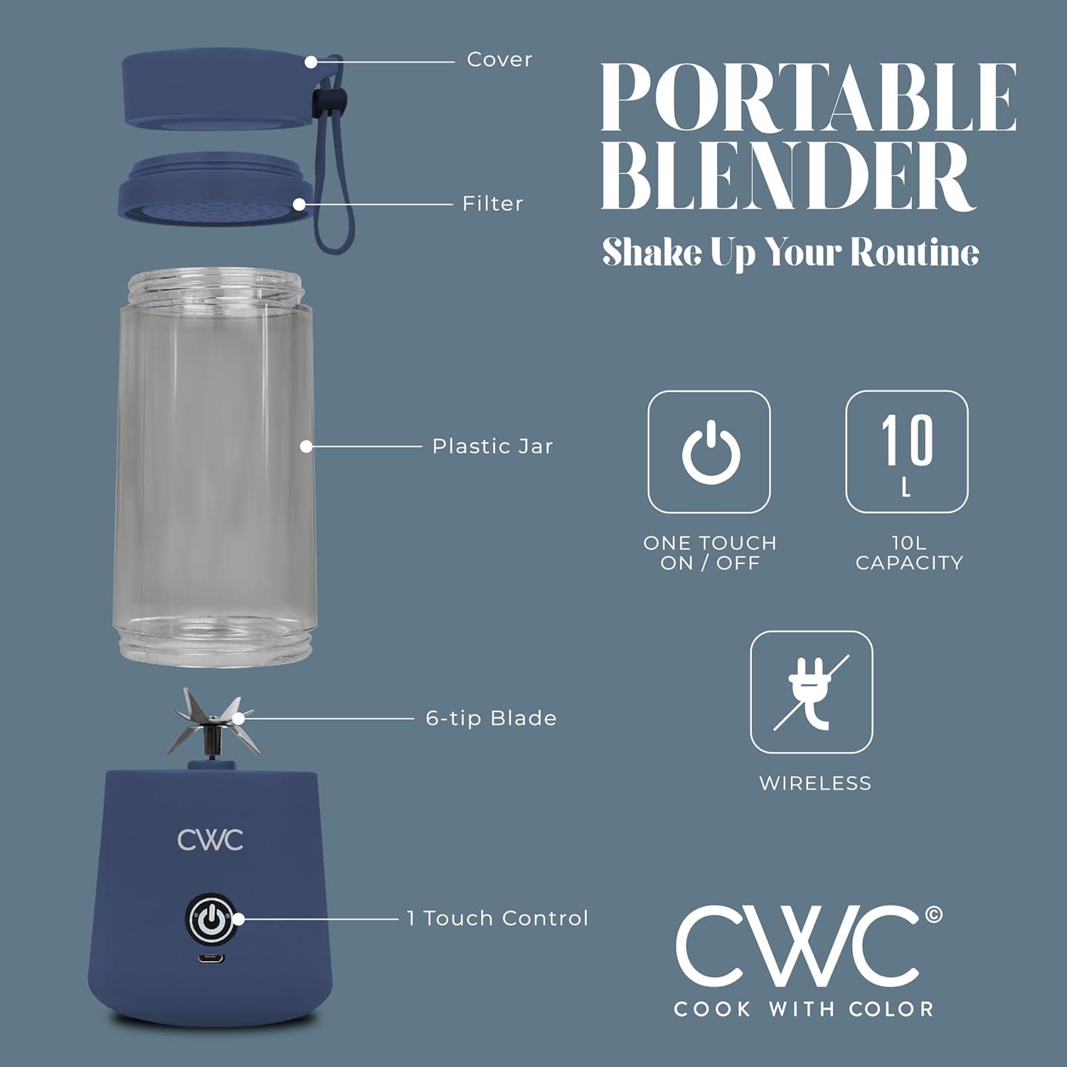 imageCOOK WITH COLOR Mini Portable Blender  250W Power 12oz Capacity Stainless Steel Blade WirelessUSB Rechargeable BlushBlue