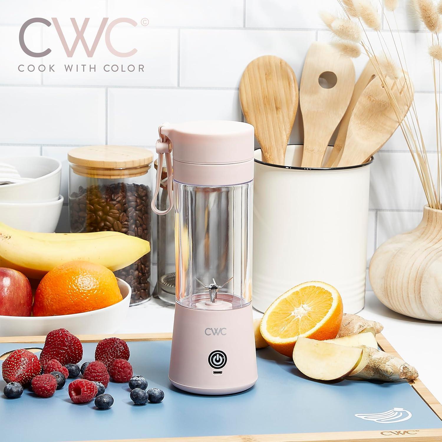 imageCOOK WITH COLOR Mini Portable Blender 250W Power 12oz Capacity Stainless Steel Blade WirelessUSB Rechargeable BlushBlush