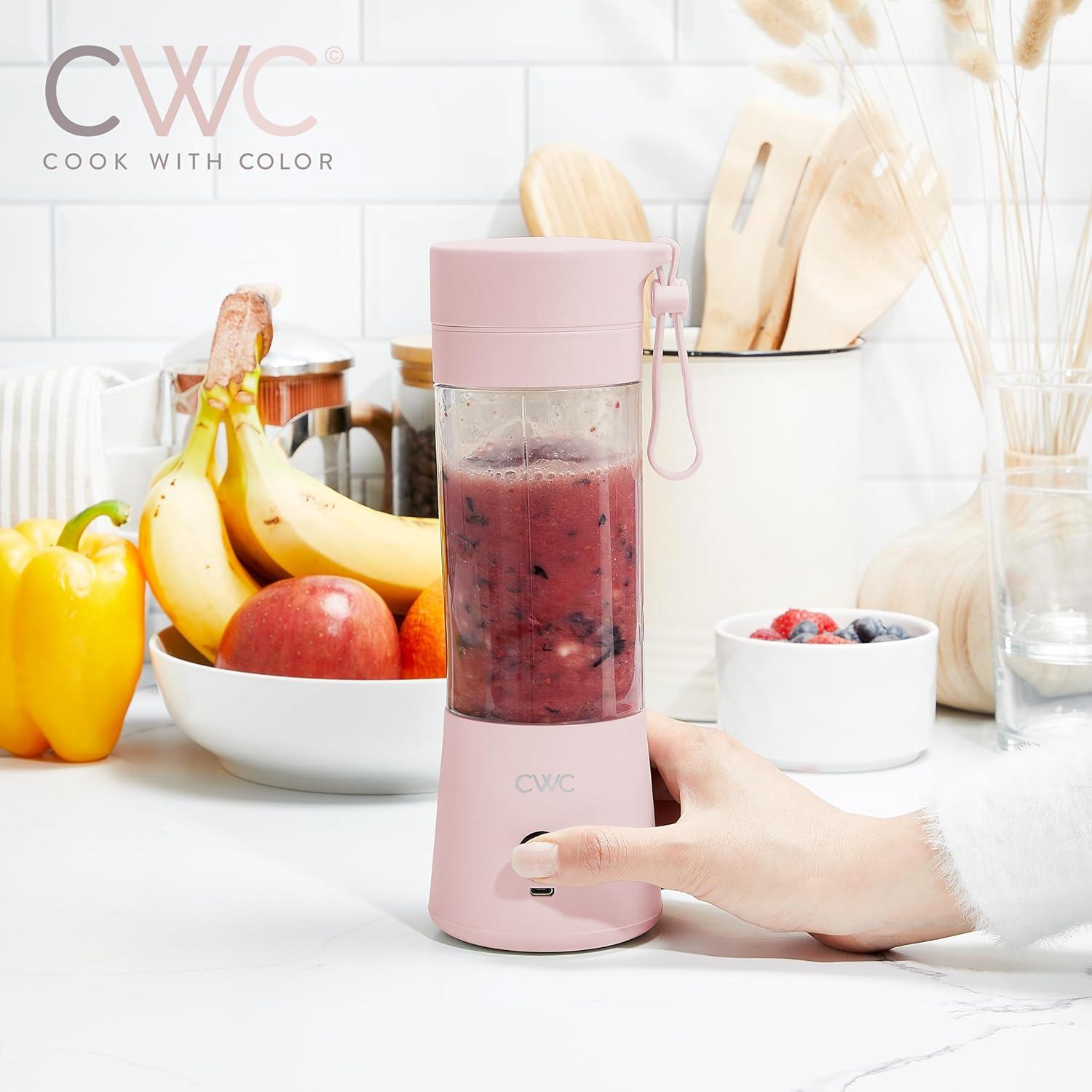 imageCOOK WITH COLOR Mini Portable Blender 250W Power 12oz Capacity Stainless Steel Blade WirelessUSB Rechargeable BlushBlush
