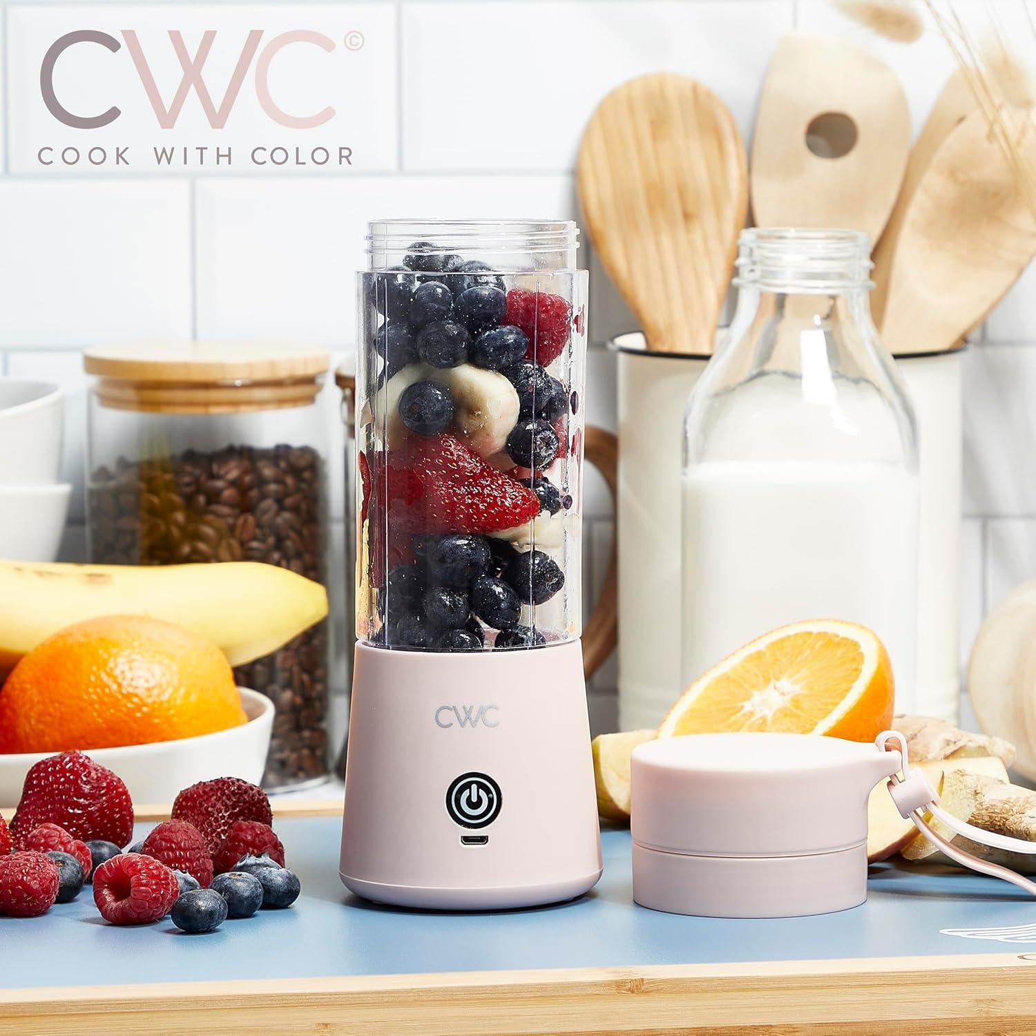 imageCOOK WITH COLOR Mini Portable Blender 250W Power 12oz Capacity Stainless Steel Blade WirelessUSB Rechargeable BlushBlush
