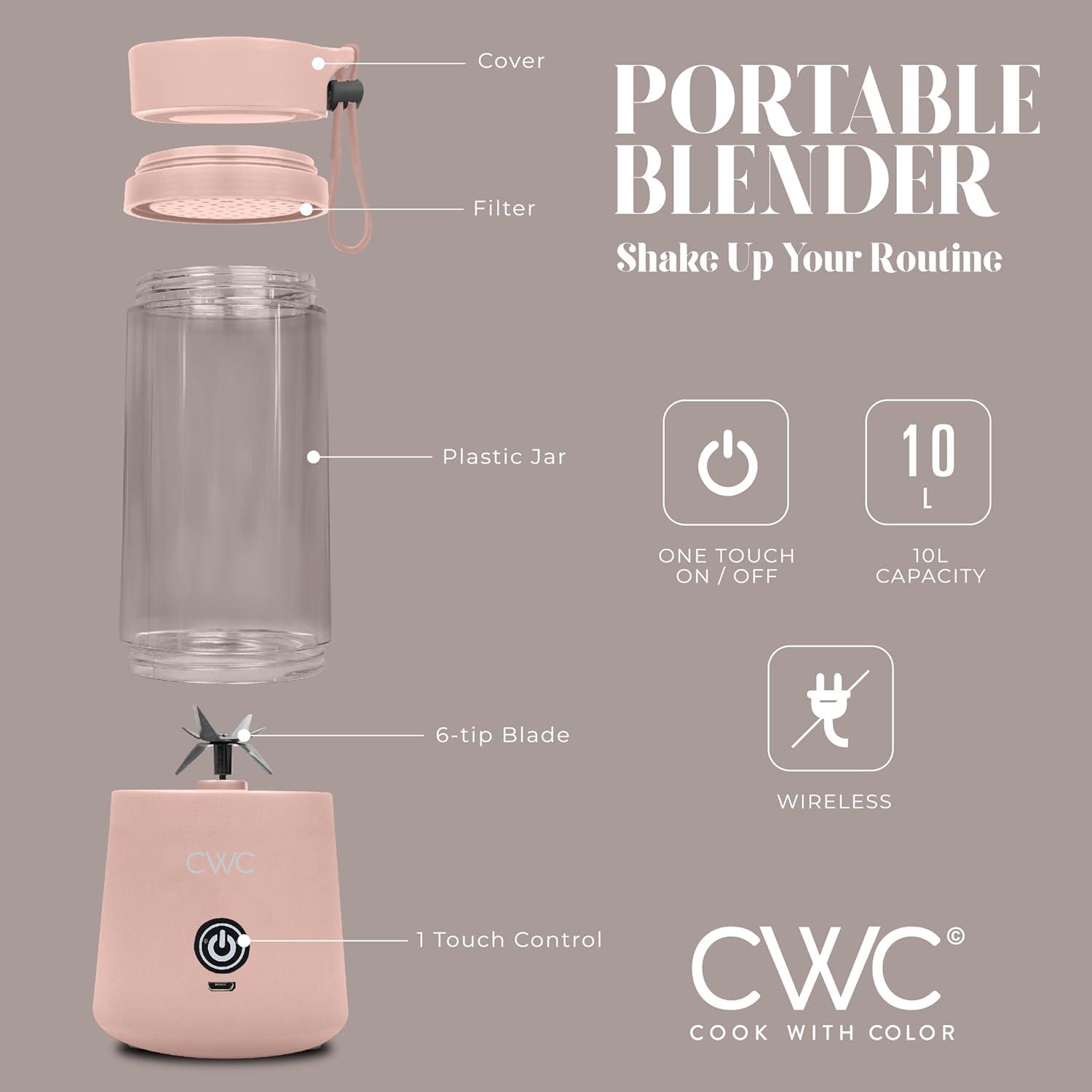 imageCOOK WITH COLOR Mini Portable Blender 250W Power 12oz Capacity Stainless Steel Blade WirelessUSB Rechargeable BlushBlush