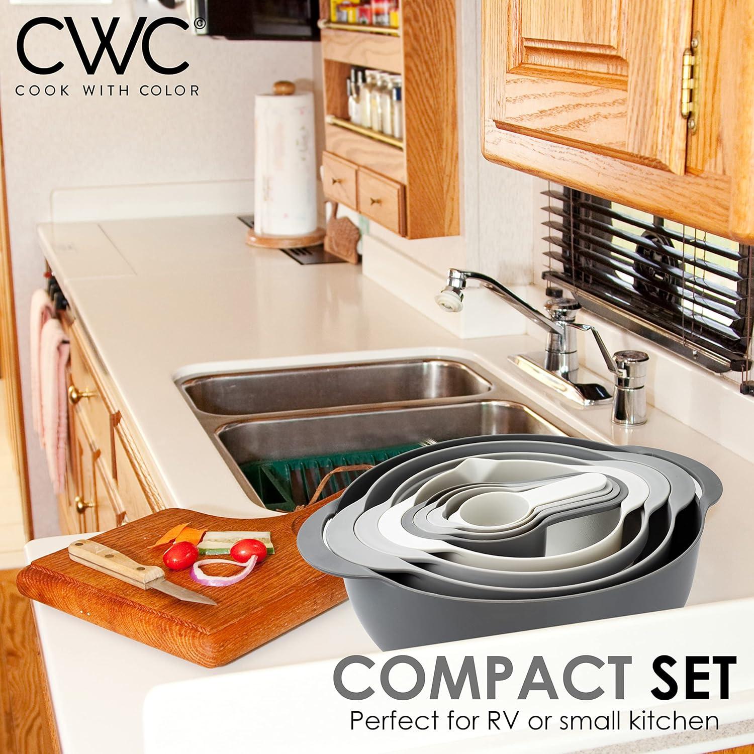 imageCOOK WITH COLOR Nesting Bowls with Measuring Cups Colander and Sifter Set  Includes Mixing Bowls Colander Sifter and Measuring Cups Blue Ombre 8 Pc BowlGray