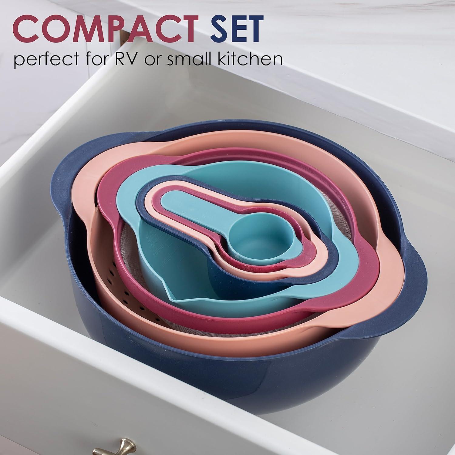 imageCOOK WITH COLOR Nesting Bowls with Measuring Cups Colander and Sifter Set  Includes Mixing Bowls Colander Sifter and Measuring Cups Blue Ombre 8 Pc BowlNavy