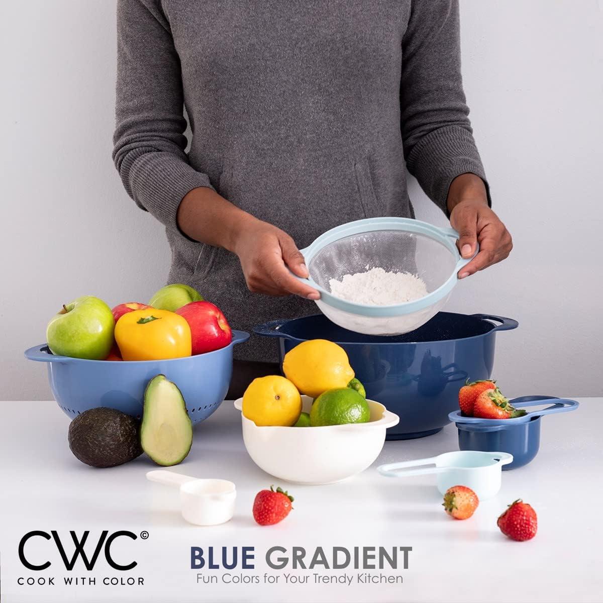 imageCOOK WITH COLOR Nesting Bowls with Measuring Cups Colander and Sifter Set  Includes Mixing Bowls Colander Sifter and Measuring Cups Blue Ombre 8 Pc BowlBlue Ombre