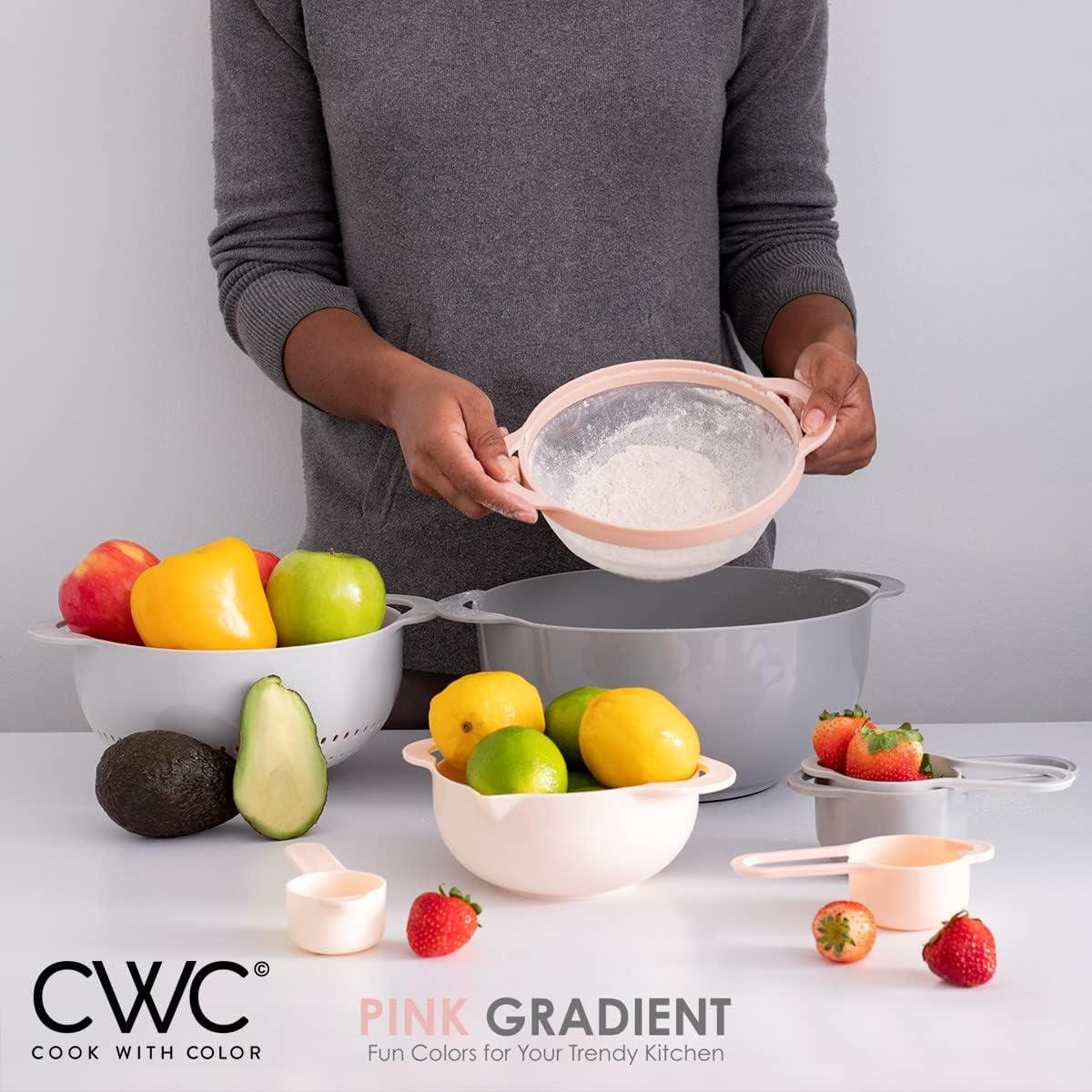 imageCOOK WITH COLOR Nesting Bowls with Measuring Cups Colander and Sifter Set  Includes Mixing Bowls Colander Sifter and Measuring Cups Blue Ombre 8 Pc BowlPink