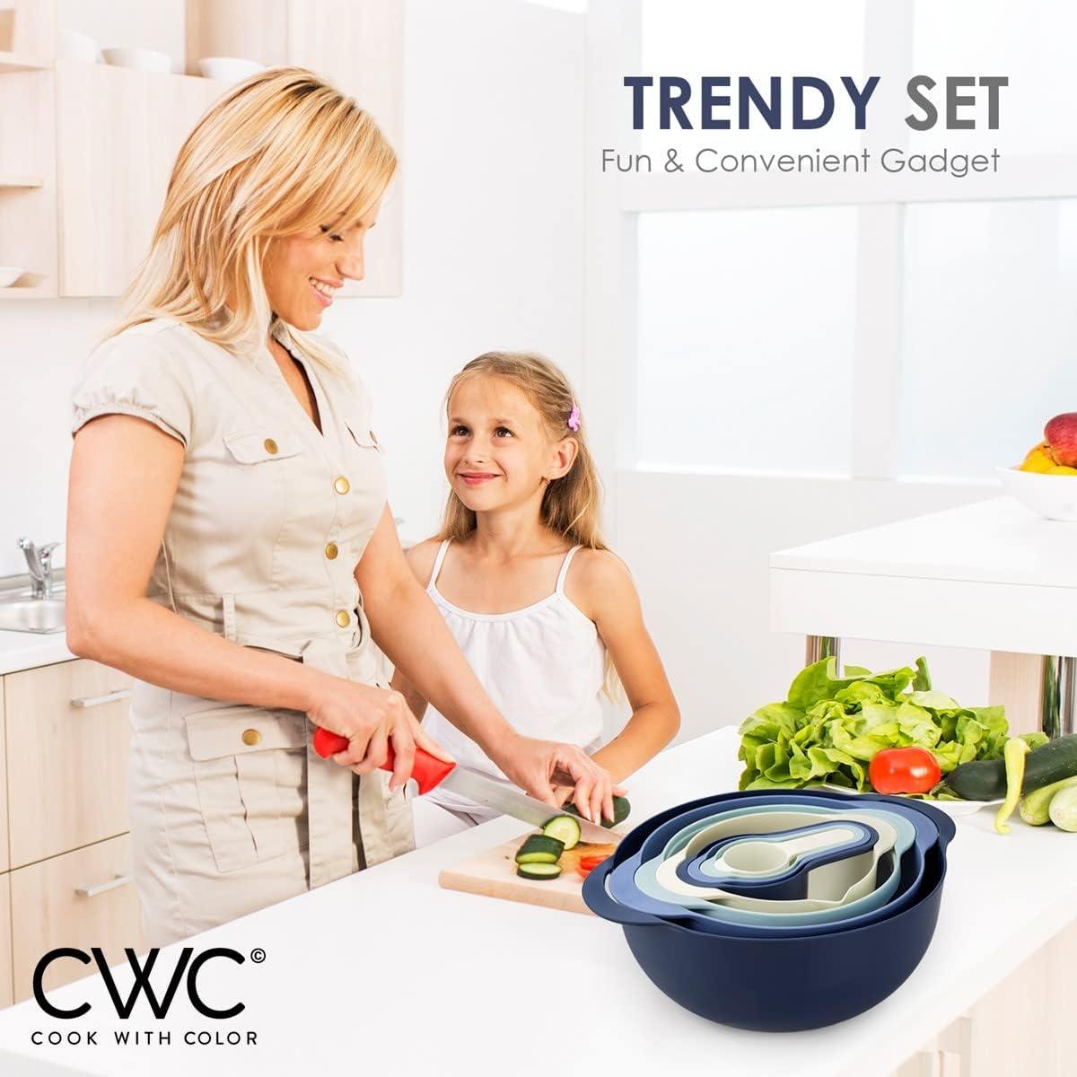 imageCOOK WITH COLOR Nesting Bowls with Measuring Cups Colander and Sifter Set  Includes Mixing Bowls Colander Sifter and Measuring Cups Blue Ombre 8 Pc BowlBlue Ombre