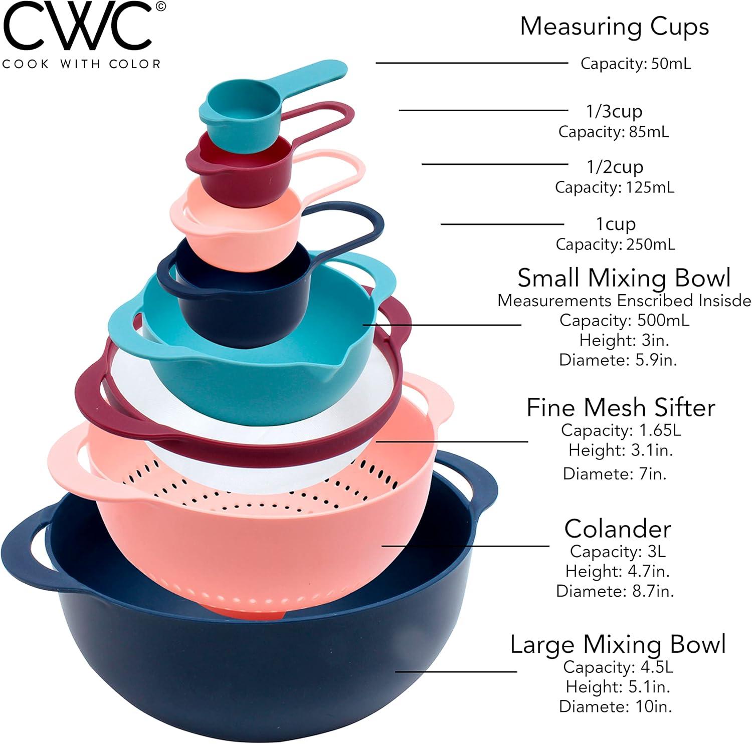 imageCOOK WITH COLOR Nesting Bowls with Measuring Cups Colander and Sifter Set  Includes Mixing Bowls Colander Sifter and Measuring Cups Blue Ombre 8 Pc BowlNavy