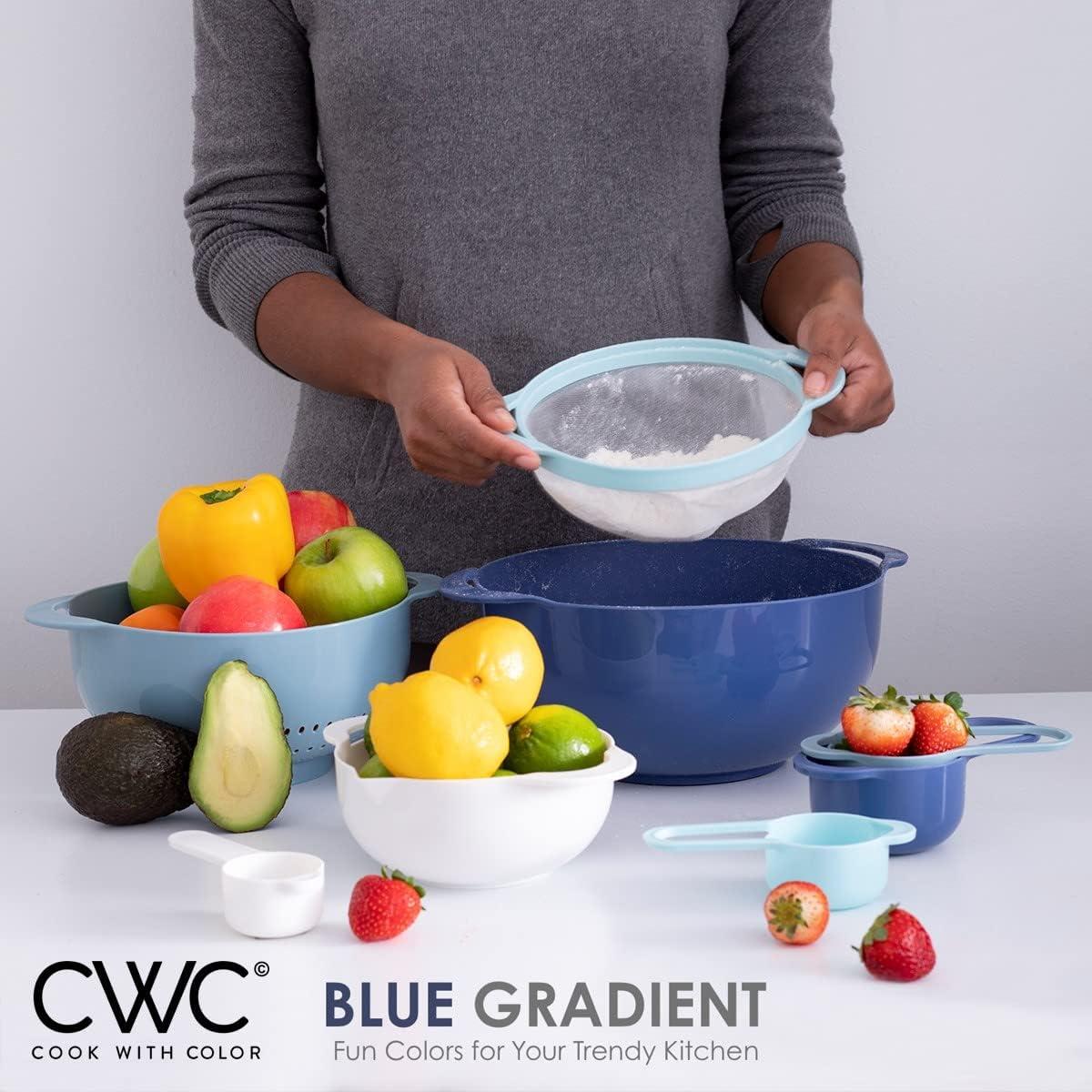 imageCOOK WITH COLOR Nesting Bowls with Measuring Cups Colander and Sifter Set  Includes Mixing Bowls Colander Sifter and Measuring Cups Blue Ombre 8 Pc BowlBlue