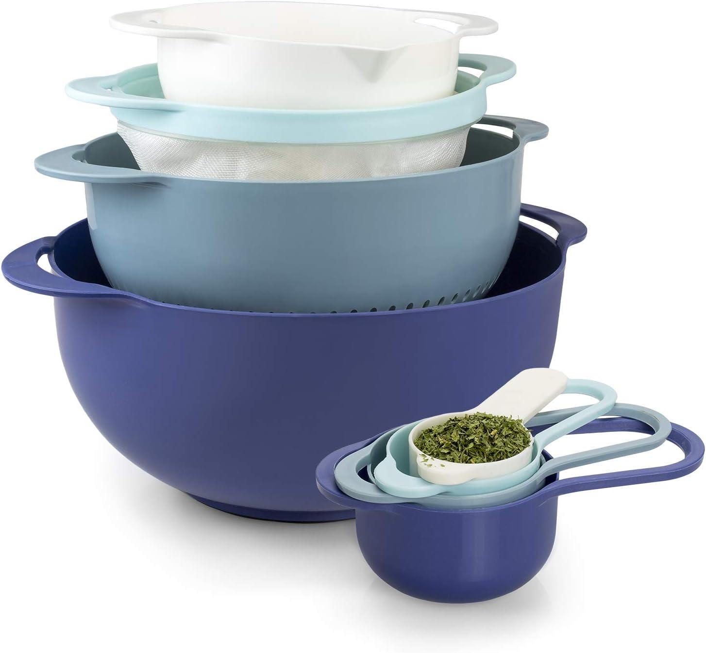 imageCOOK WITH COLOR Nesting Bowls with Measuring Cups Colander and Sifter Set  Includes Mixing Bowls Colander Sifter and Measuring Cups Blue Ombre 8 Pc BowlBlue