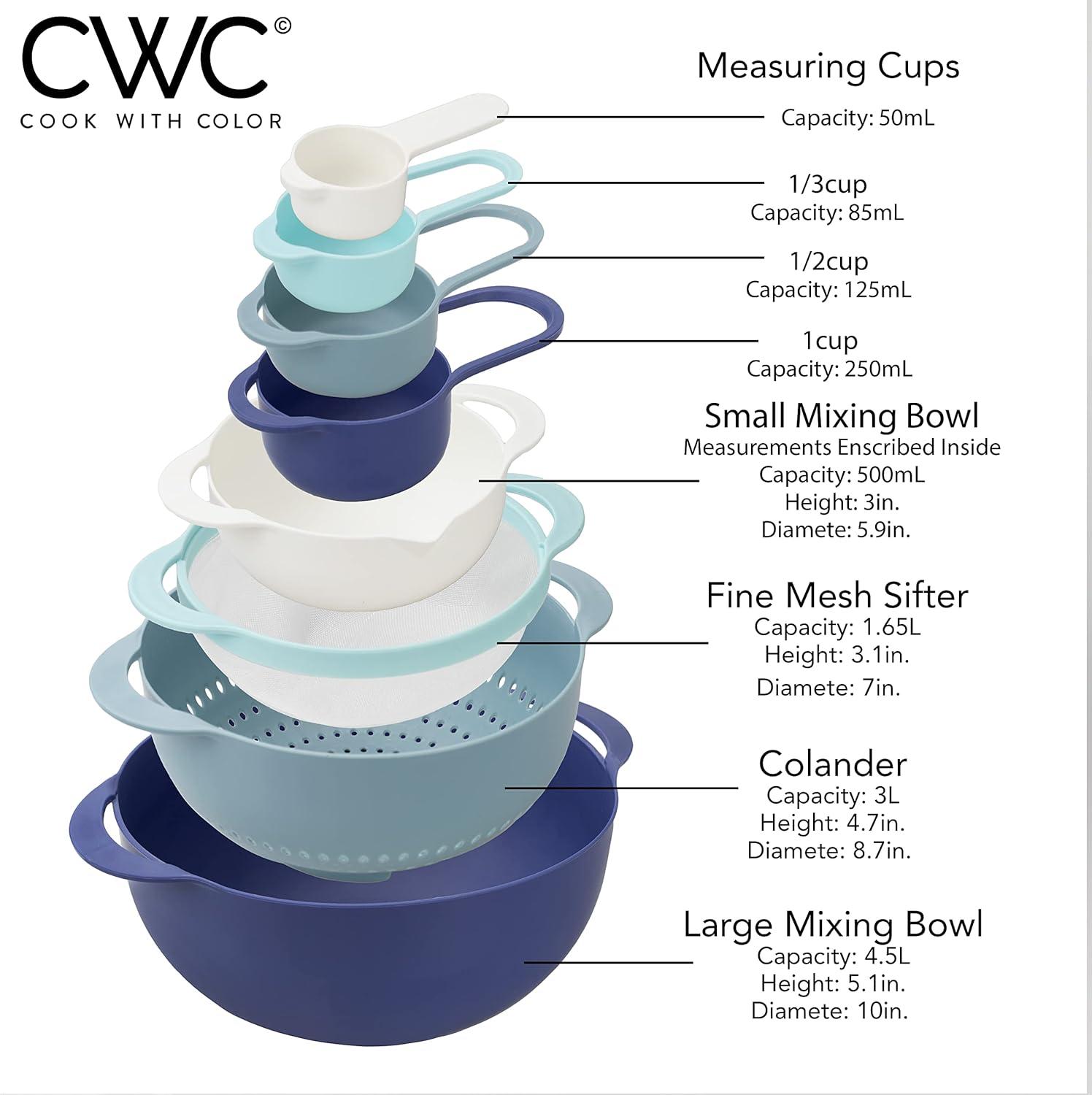 imageCOOK WITH COLOR Nesting Bowls with Measuring Cups Colander and Sifter Set  Includes Mixing Bowls Colander Sifter and Measuring Cups Blue Ombre 8 Pc BowlBlue