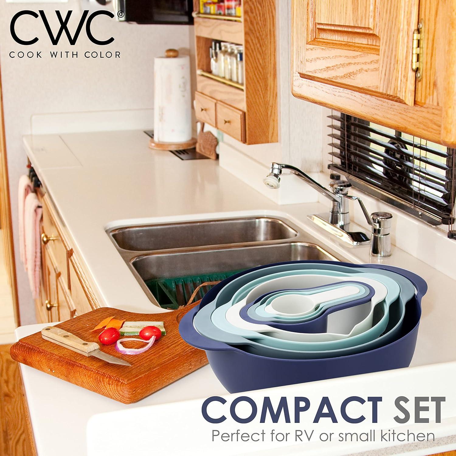 imageCOOK WITH COLOR Nesting Bowls with Measuring Cups Colander and Sifter Set  Includes Mixing Bowls Colander Sifter and Measuring Cups Blue Ombre 8 Pc BowlBlue